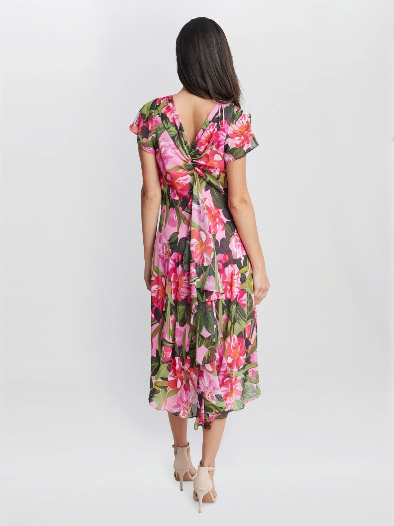  Ophelia Midi Printed Cowl Neck Dress With Shoulder Embellishment