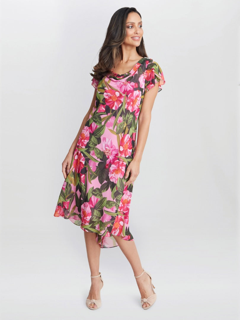  Ophelia Midi Printed Cowl Neck Dress With Shoulder Embellishment