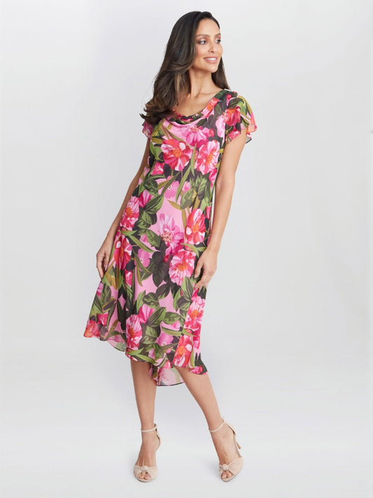  Ophelia Midi Printed Cowl Neck Dress With Shoulder Embellishment