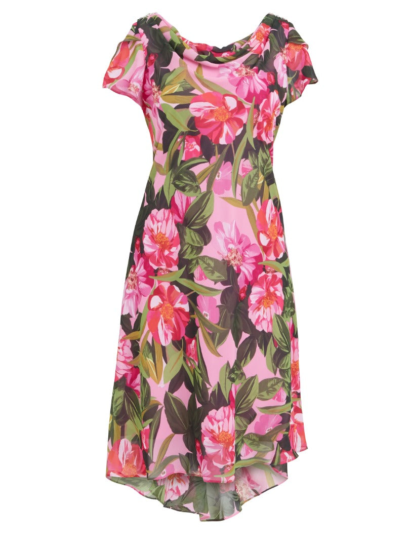  Ophelia Midi Printed Cowl Neck Dress With Shoulder Embellishment