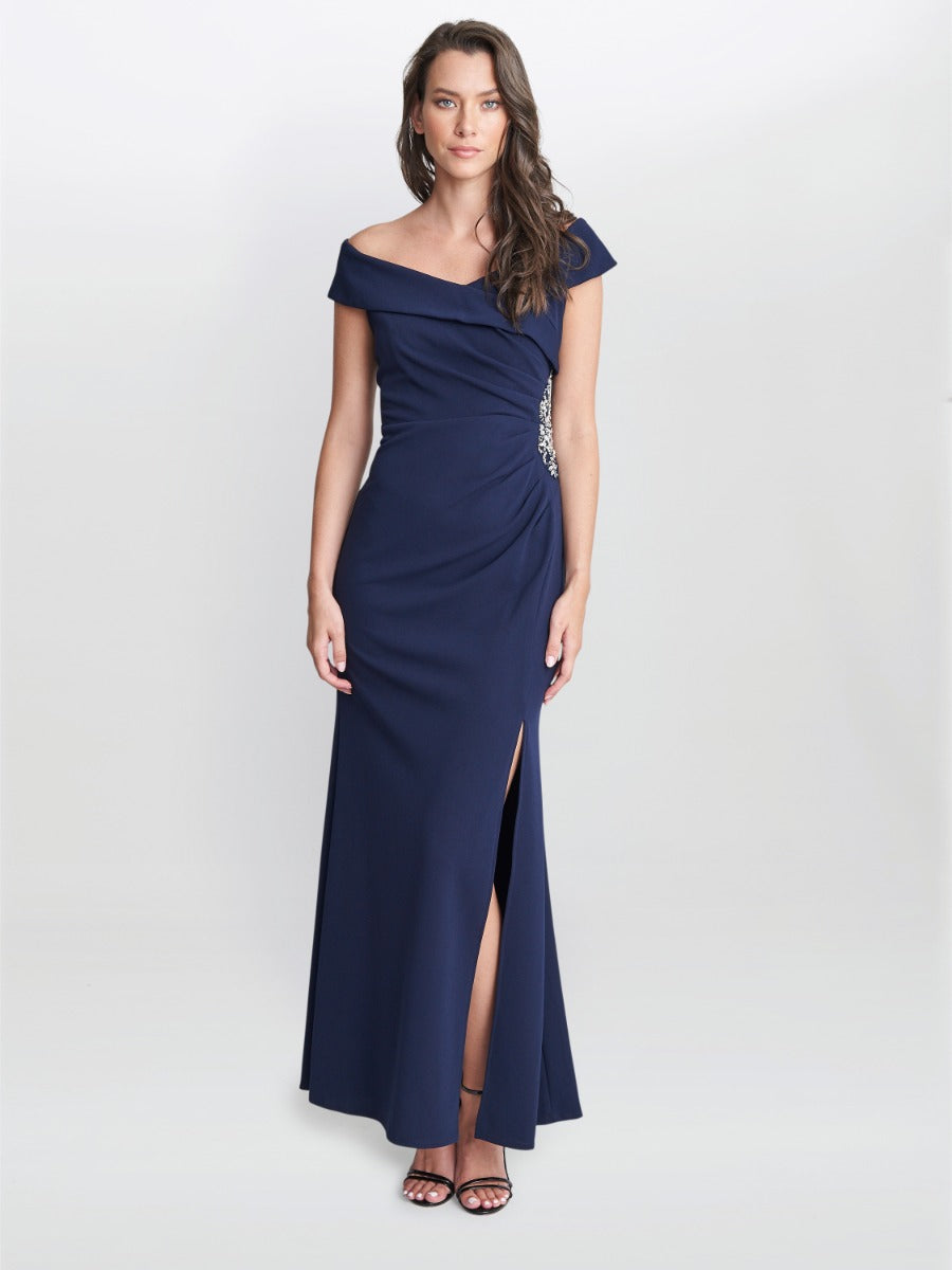  Suzanne Portrait Collar Long Dress With Front Slit Ruching At Waist Side With Embellishment
