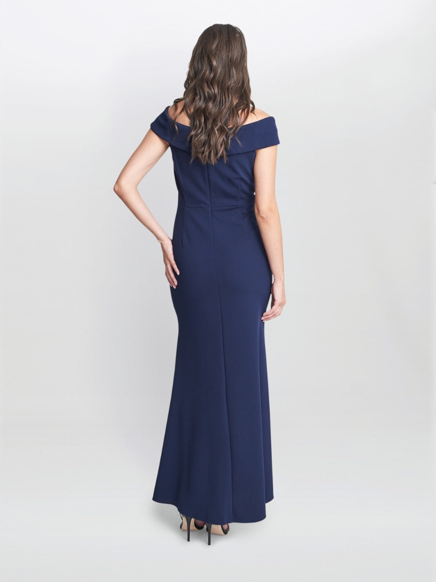  Suzanne Portrait Collar Long Dress With Front Slit Ruching At Waist Side With Embellishment