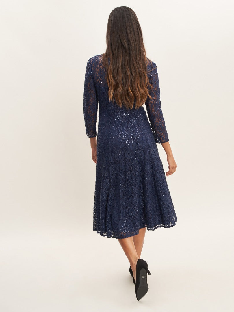  Elianna Midi-Length Sequin Lace 3/4 Sleeve Cocktail Dress