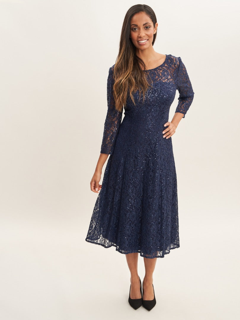  Elianna Midi-Length Sequin Lace 3/4 Sleeve Cocktail Dress