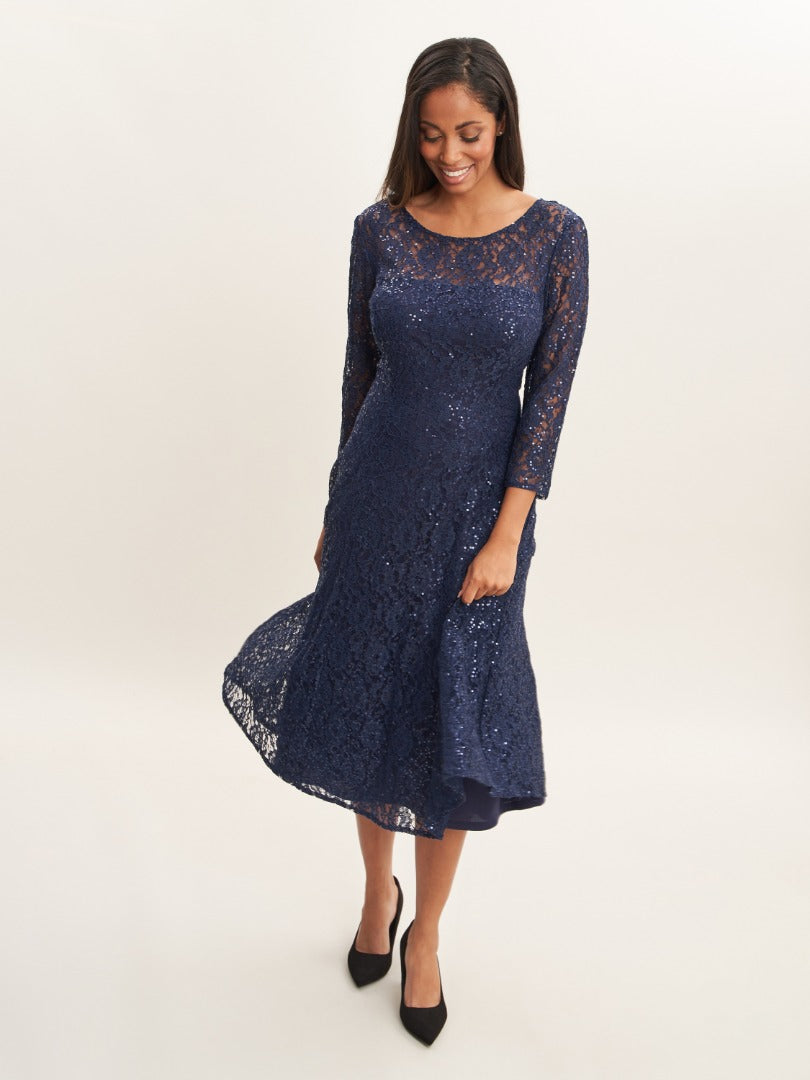  Elianna Midi-Length Sequin Lace 3/4 Sleeve Cocktail Dress