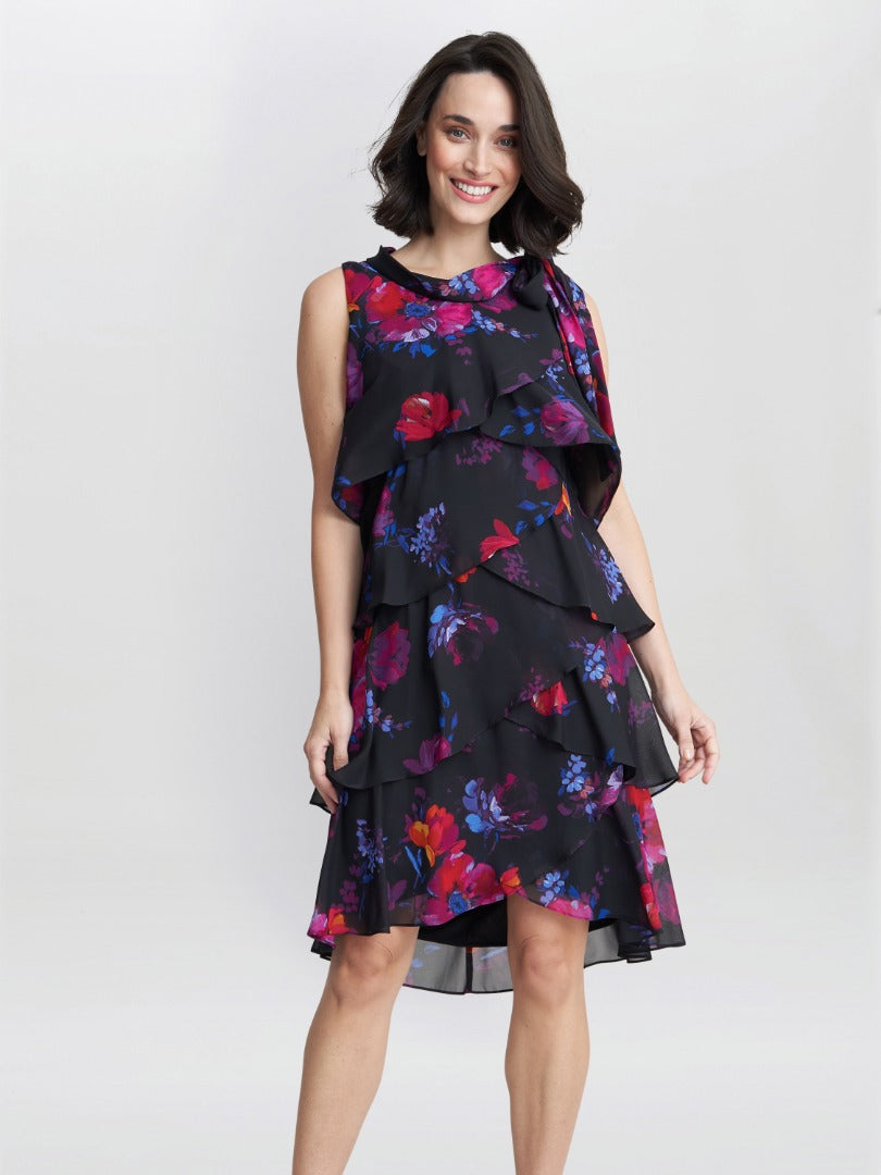  Neesha Sleeveless Printed Tiered Dress With Tie Neck