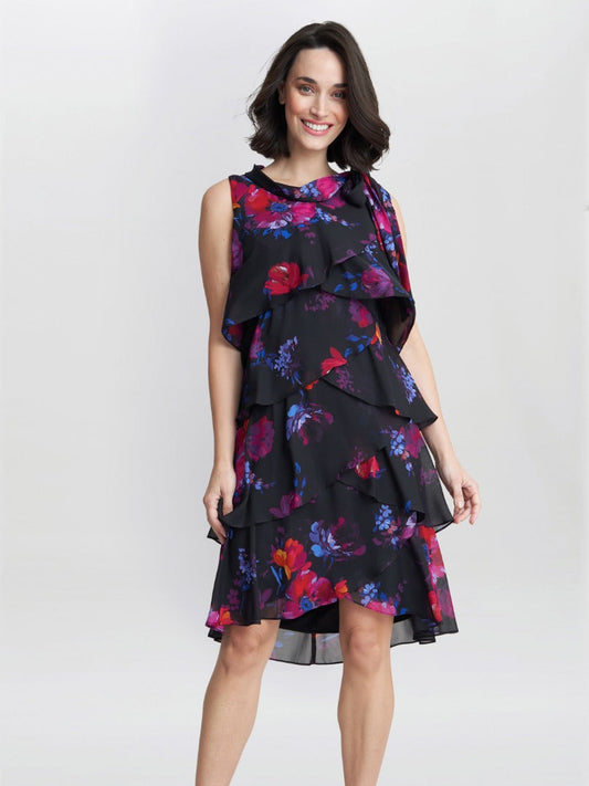  Neesha Sleeveless Printed Tiered Dress With Tie Neck
