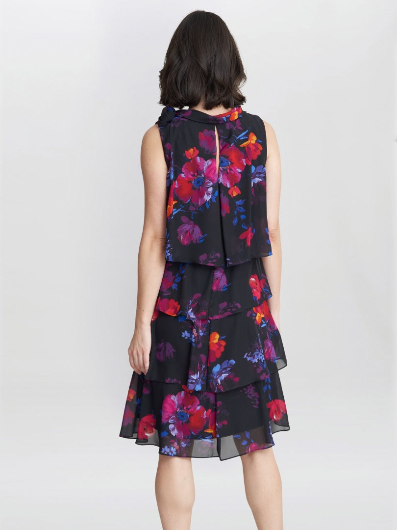  Neesha Sleeveless Printed Tiered Dress With Tie Neck