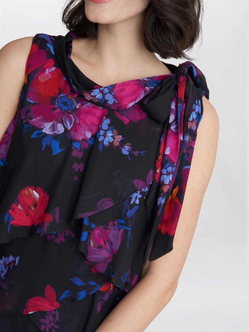  Neesha Sleeveless Printed Tiered Dress With Tie Neck