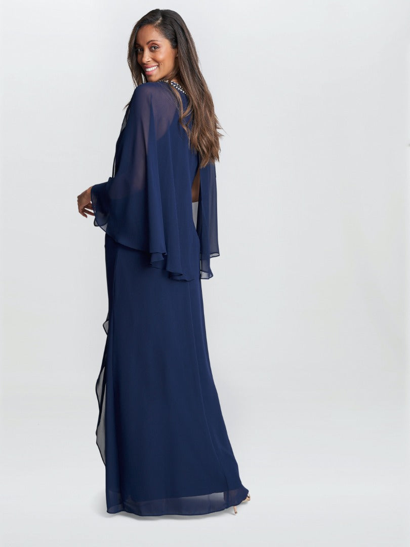  Polly Maxi Halter Neck Dress With Embellishment And Capelet Sleeves
