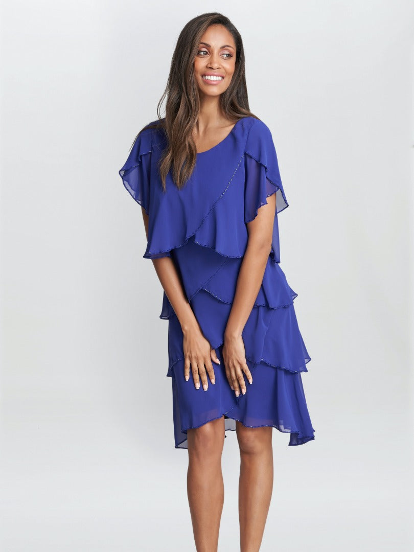  Trysta Bugle Beaded Trim Tiered Cocktail Dress With Flitter Sleeves