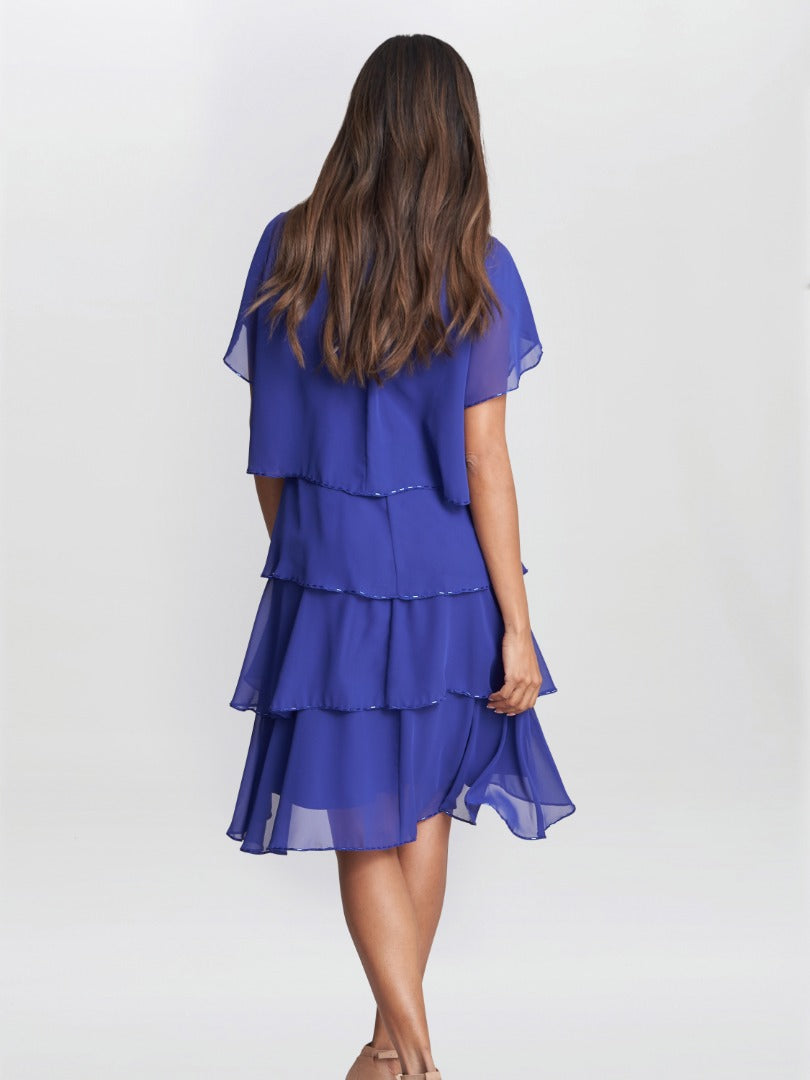  Trysta Bugle Beaded Trim Tiered Cocktail Dress With Flitter Sleeves