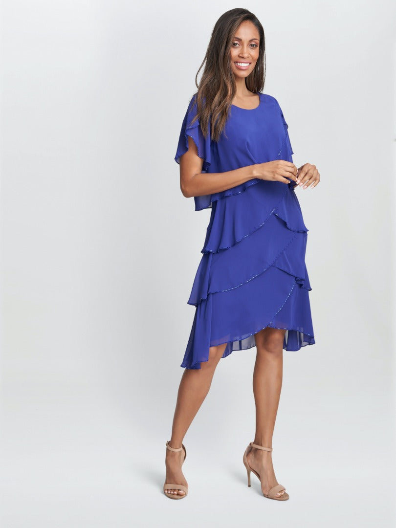  Trysta Bugle Beaded Trim Tiered Cocktail Dress With Flitter Sleeves