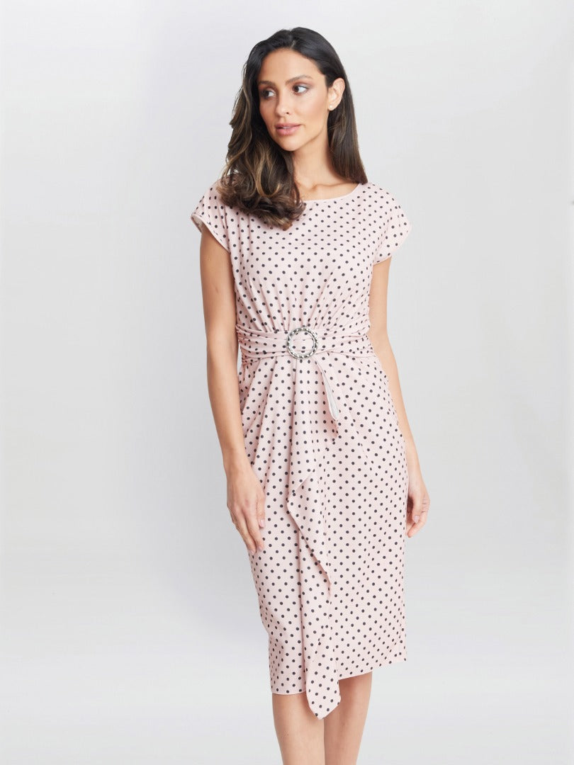  Theodora Spot Print Satin Dress With Buckle