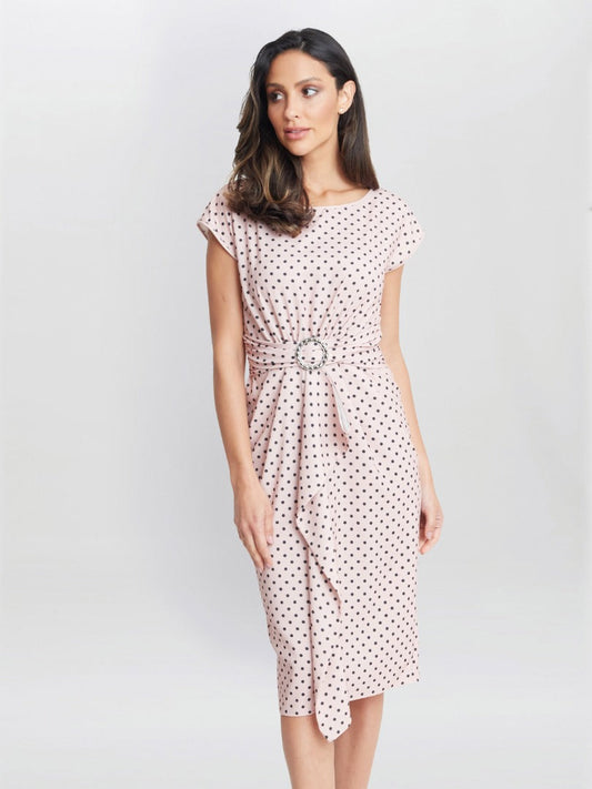  Theodora Spot Print Satin Dress With Buckle