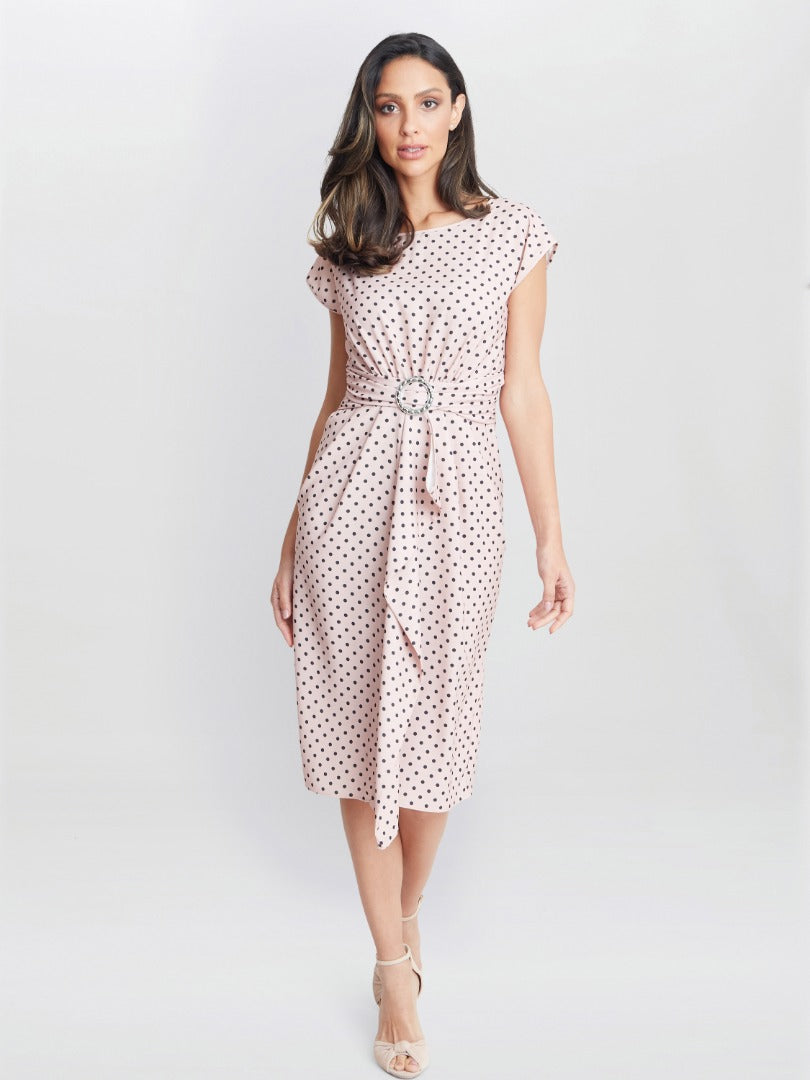  Theodora Spot Print Satin Dress With Buckle