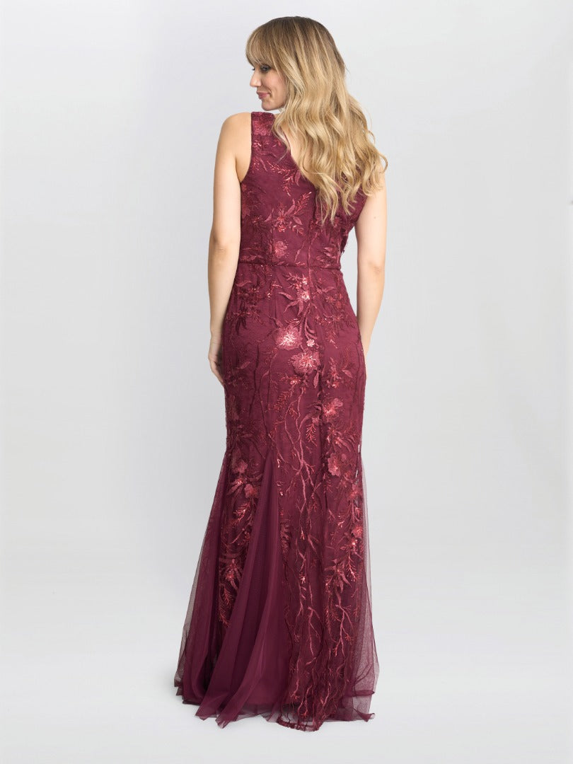  Evie Sleeveless Maxi Embroidered Sequin Gown