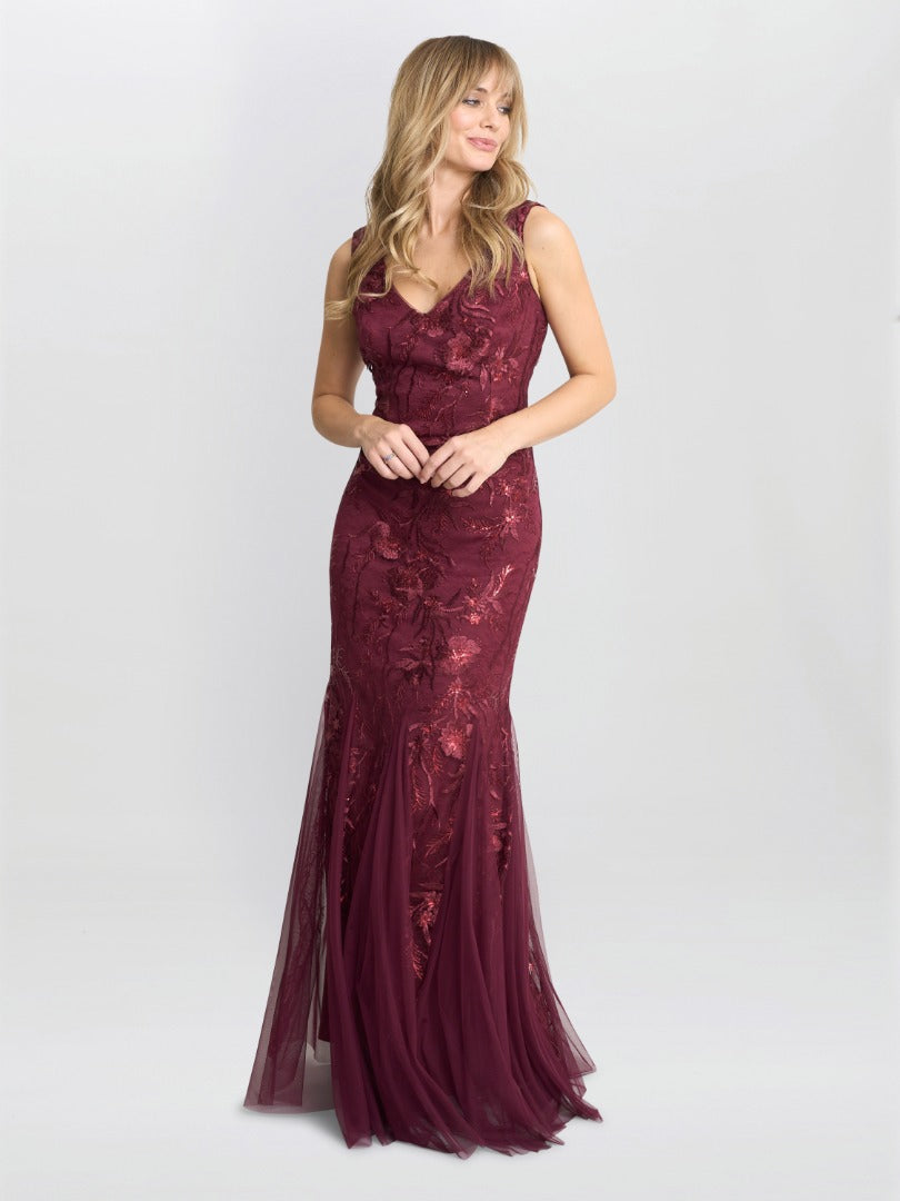  Evie Sleeveless Maxi Embroidered Sequin Gown