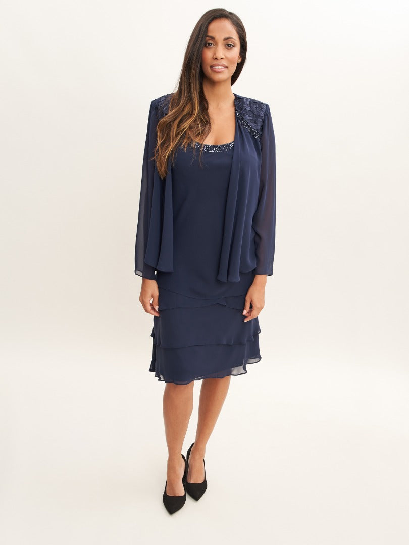 Camira Lace Shoulder Bead Tier Jacket Dress