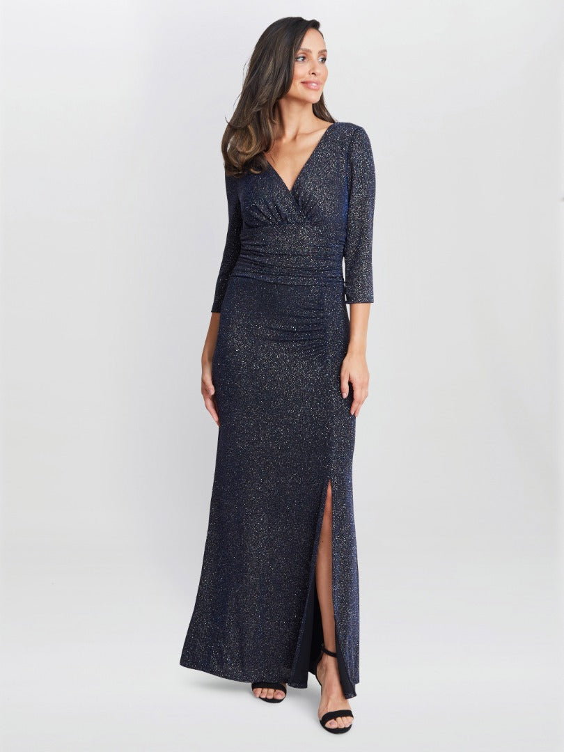  Eugenie Metallic Maxi Dress With Ruched Waist And Front Slit