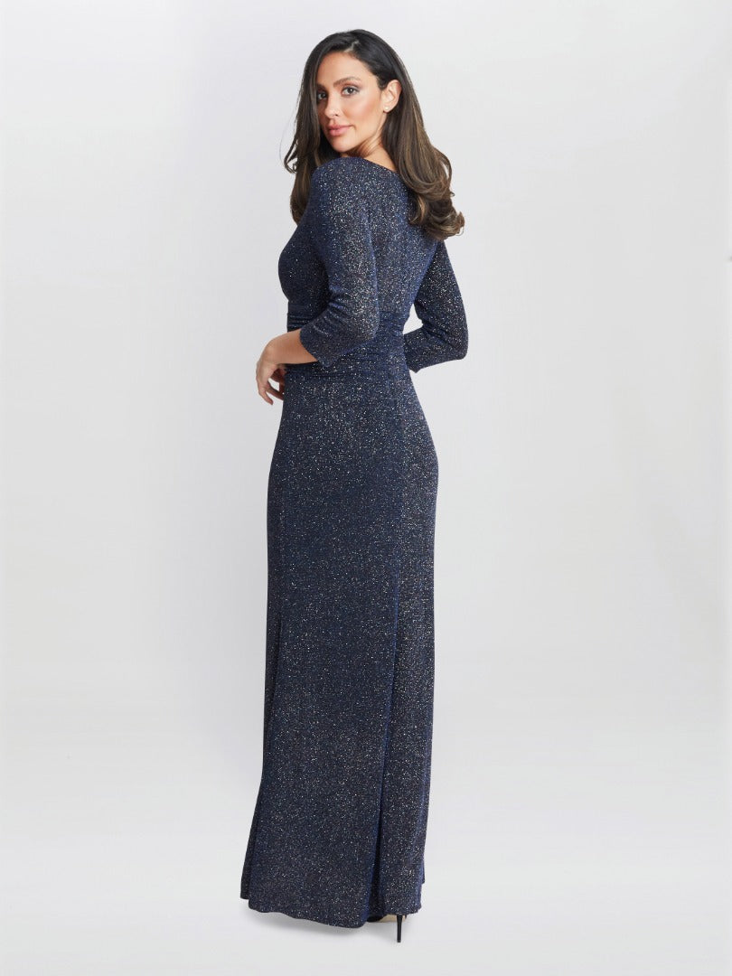  Eugenie Metallic Maxi Dress With Ruched Waist And Front Slit