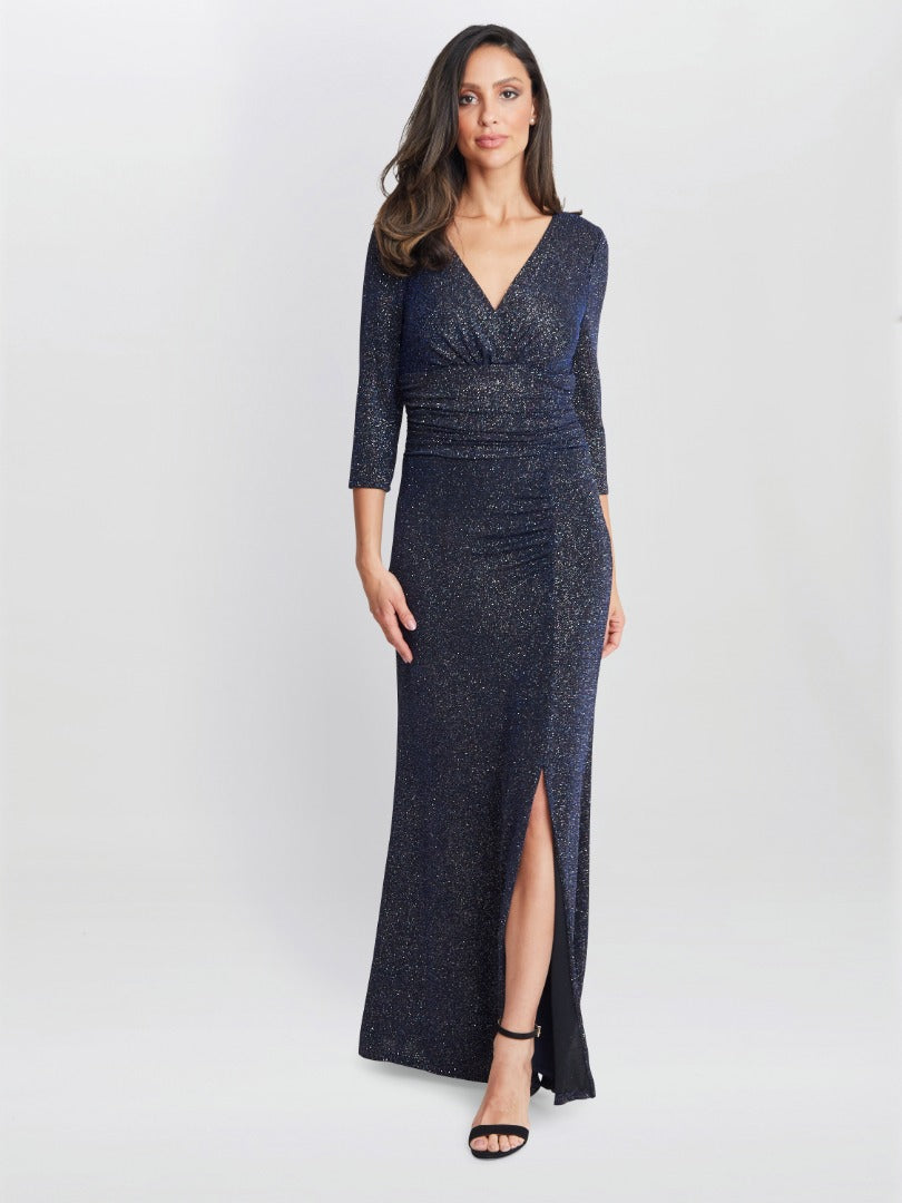  Eugenie Metallic Maxi Dress With Ruched Waist And Front Slit