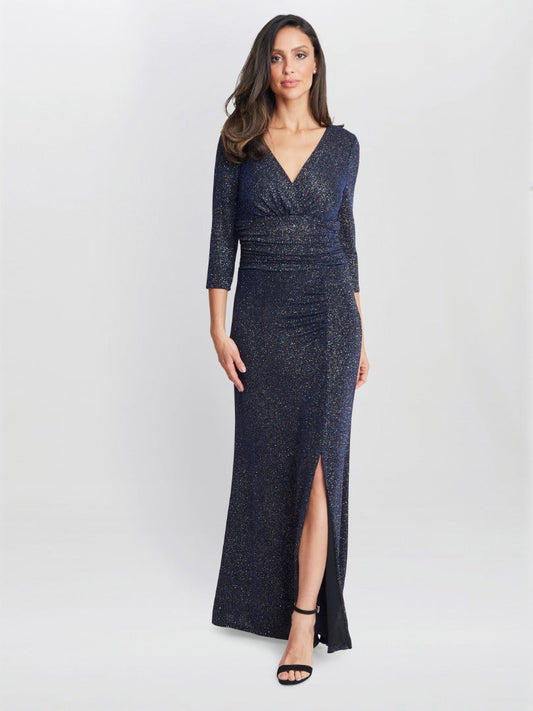  Eugenie Metallic Maxi Dress With Ruched Waist And Front Slit