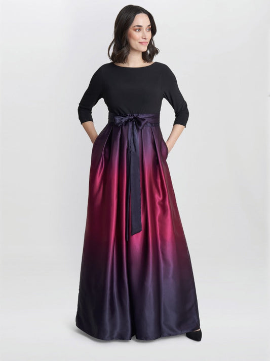  Ingrid V Neck Back Ombre Satin Maxi Dress