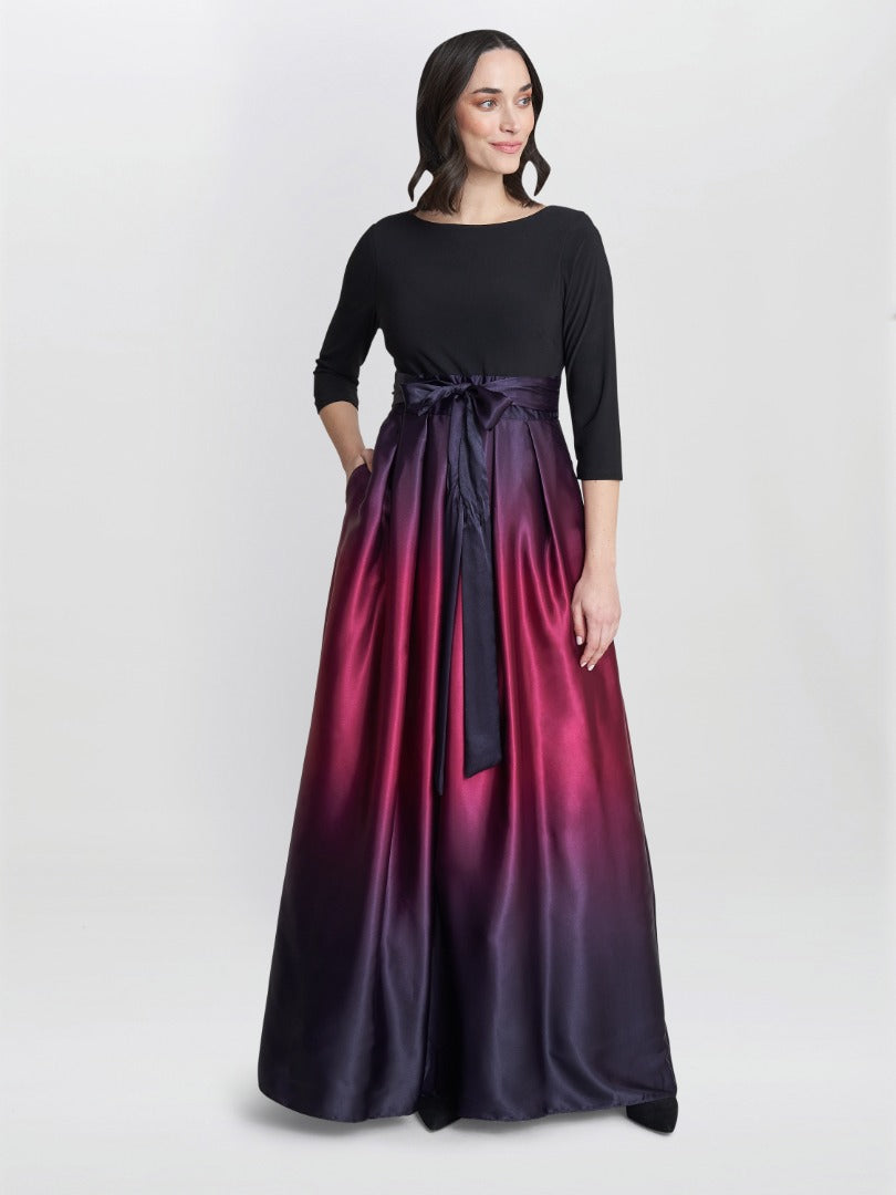  Ingrid V Neck Back Ombre Satin Maxi Dress