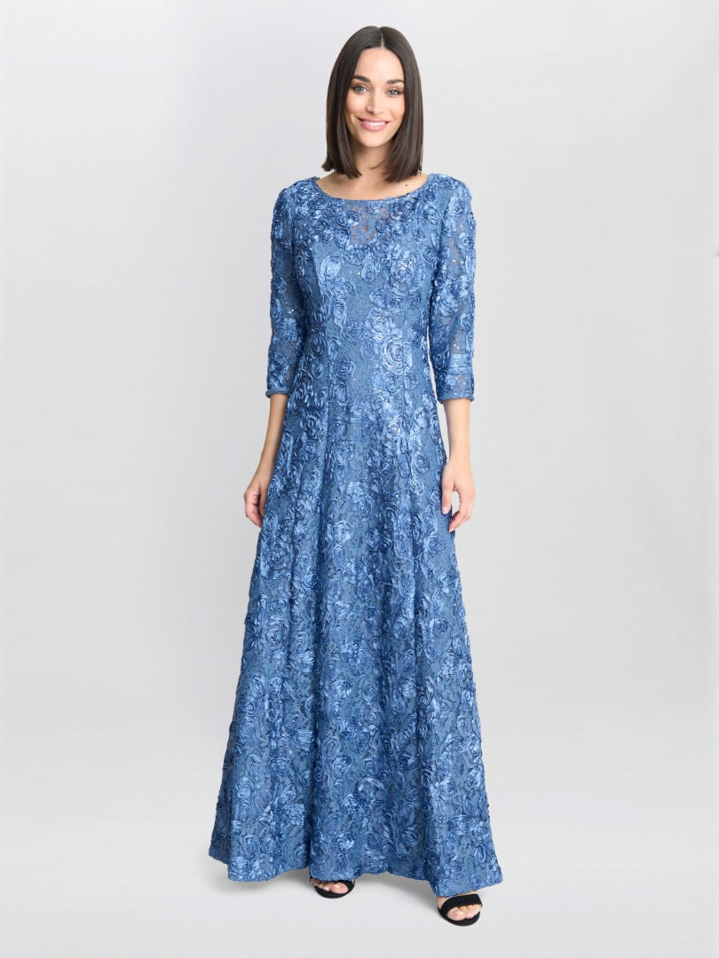  Susanna Rosette Maxi Dress With 3/4 Illusion Sleeves
