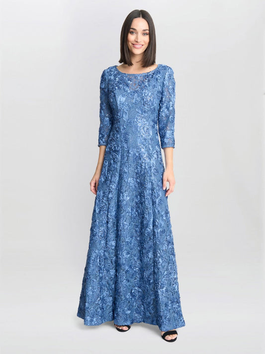  Susanna Rosette Maxi Dress With 3/4 Illusion Sleeves