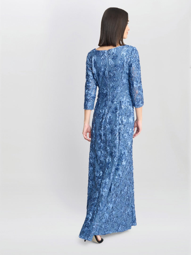  Susanna Rosette Maxi Dress With 3/4 Illusion Sleeves