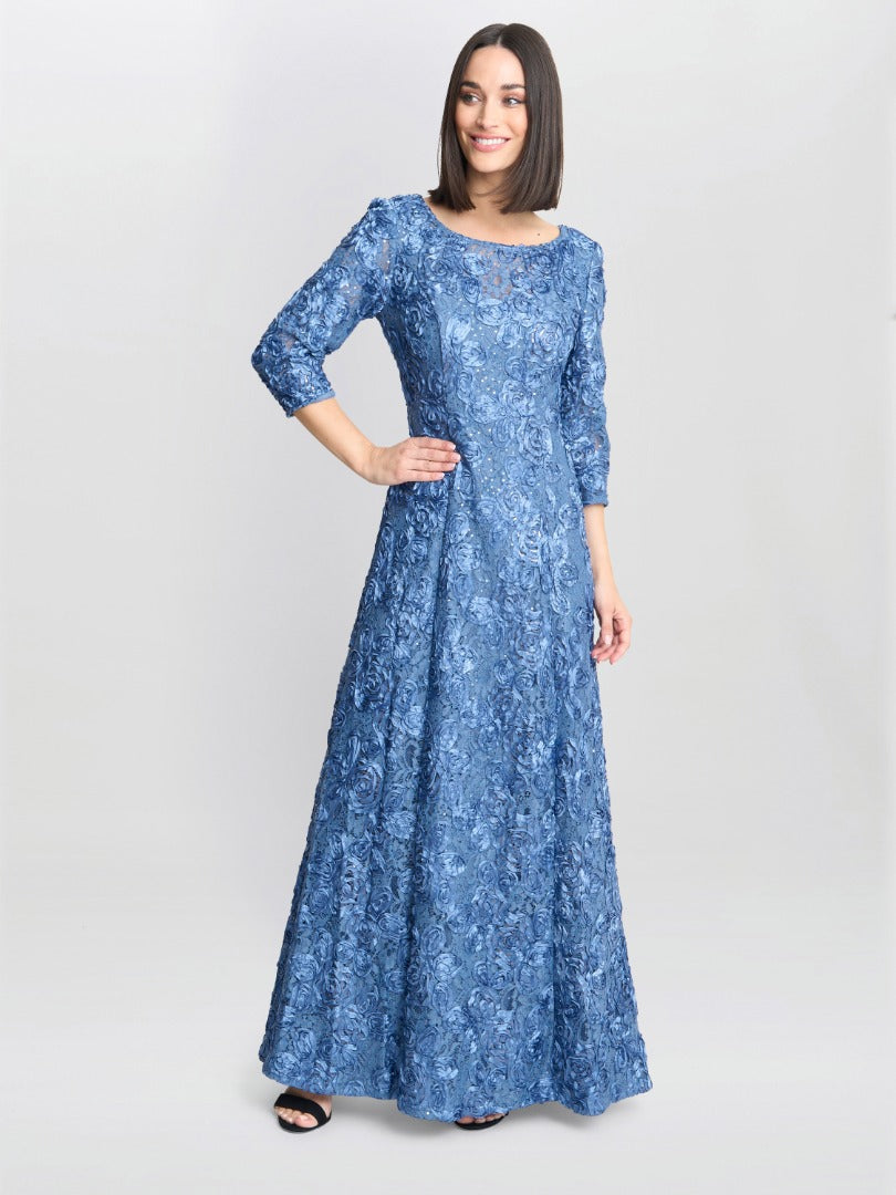  Susanna Rosette Maxi Dress With 3/4 Illusion Sleeves