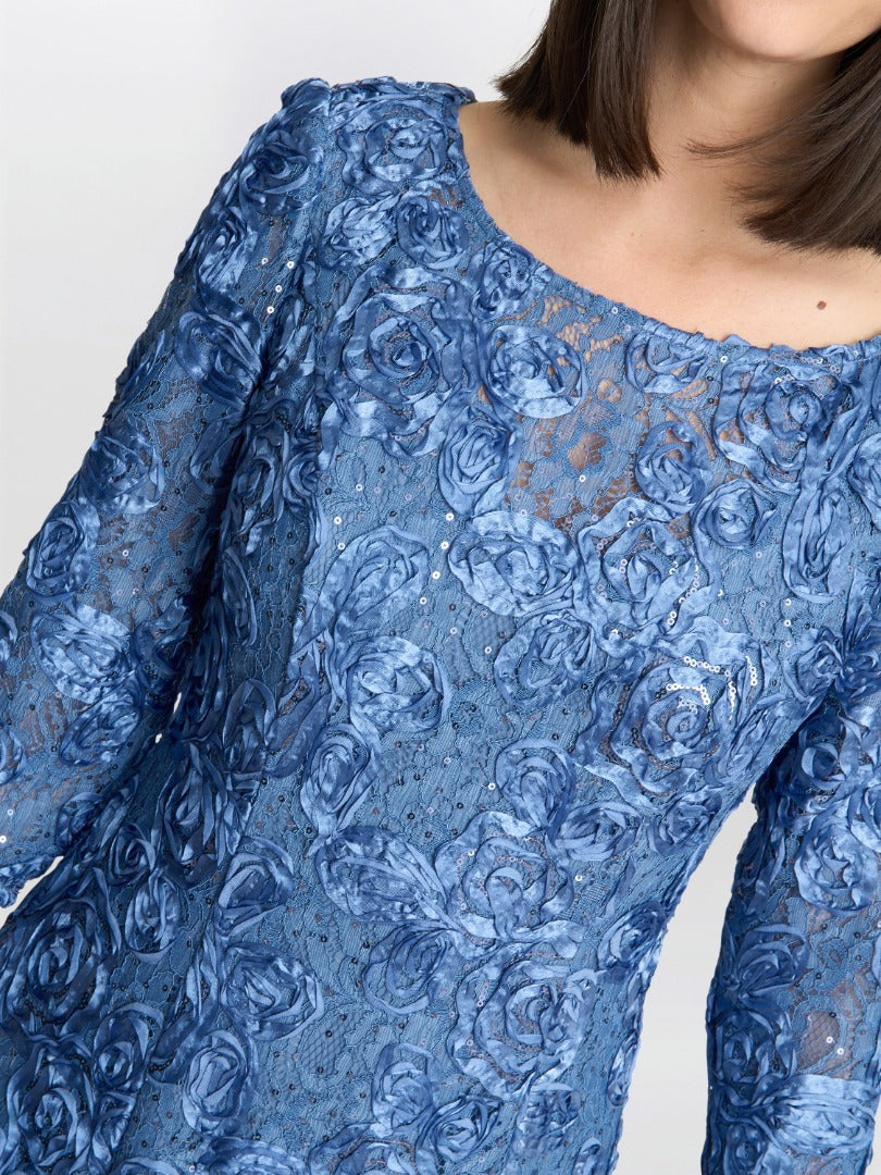  Susanna Rosette Maxi Dress With 3/4 Illusion Sleeves