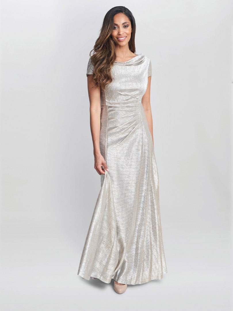  Alivia Metallic Cowl Maxi Dress