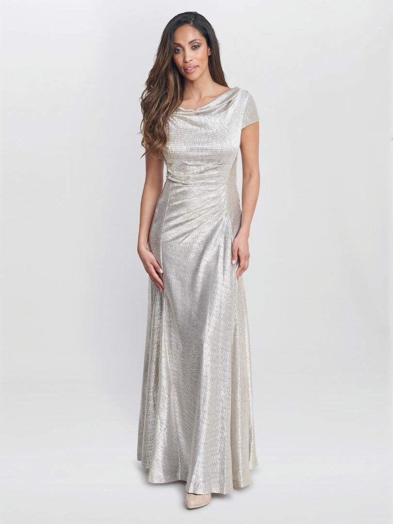 Alivia Metallic Cowl Maxi Dress