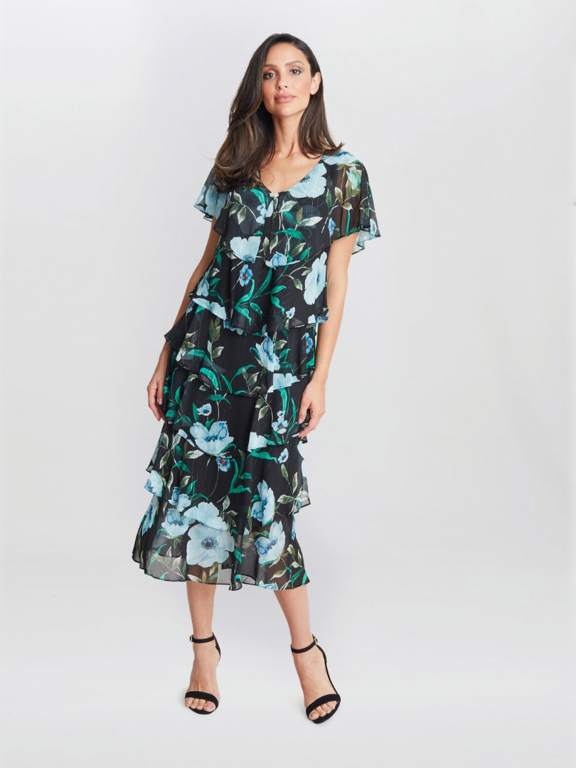  Frances Printed Midi Tiered Dress With Trim