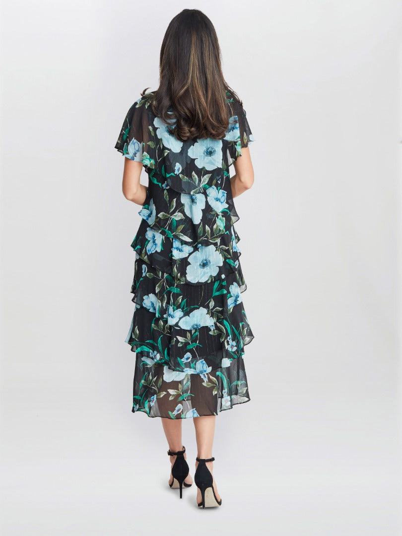  Frances Printed Midi Tiered Dress With Trim