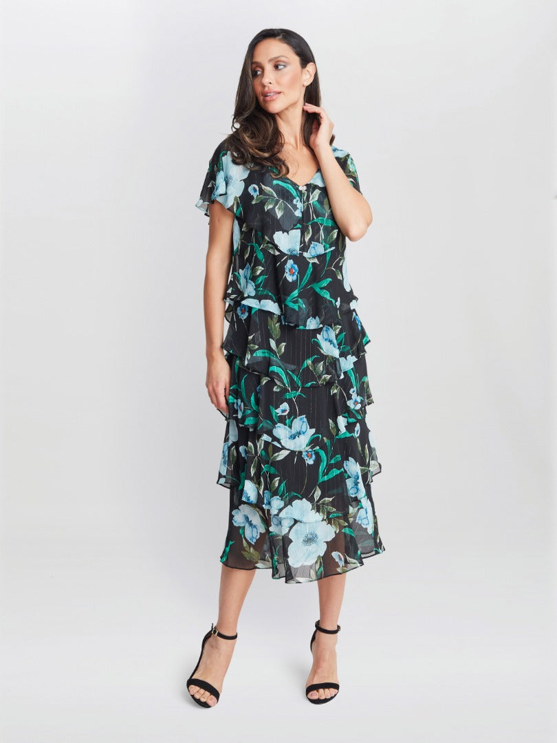  Frances Printed Midi Tiered Dress With Trim